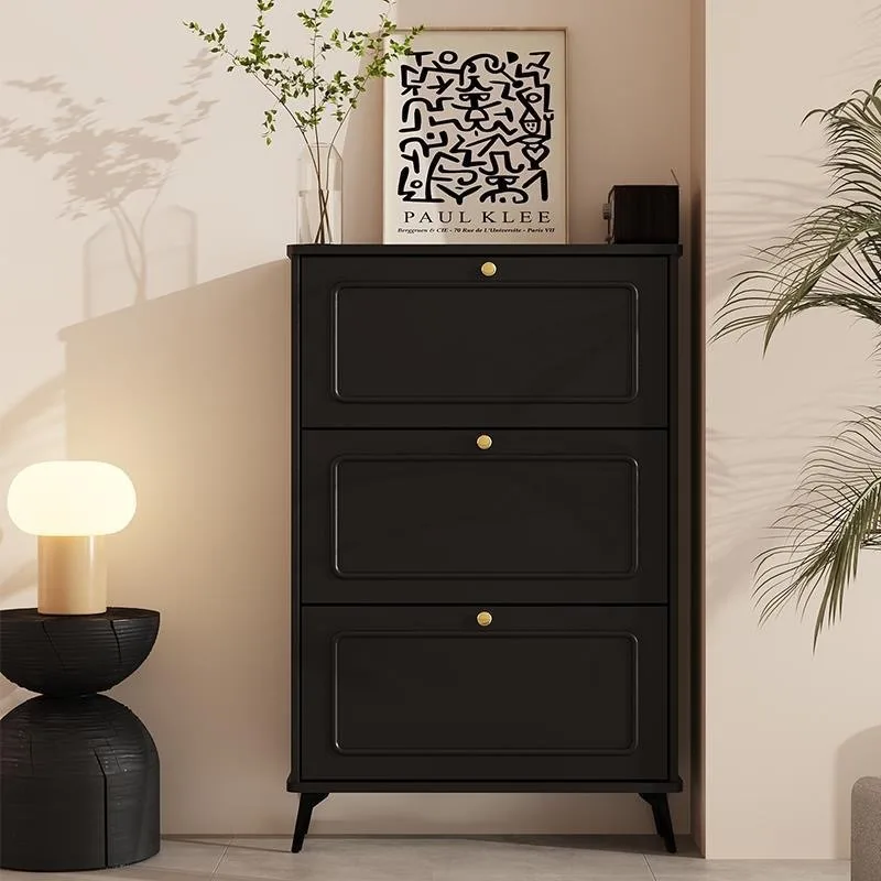 Black French retro ultra-thin solid wood tipping bucket, the door of the home is against the wall, and it is very narrow for hom