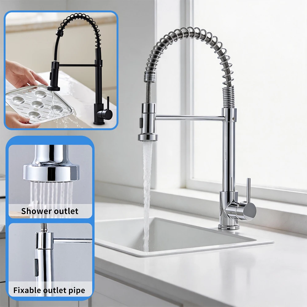 Robinet de cuisine extractible à ressort, mitigeur chaud/froid à poser sur comptoir, finition nickel brossé, double jet, tige pivotante à 360°, pour évier de cuisine et salle de bain