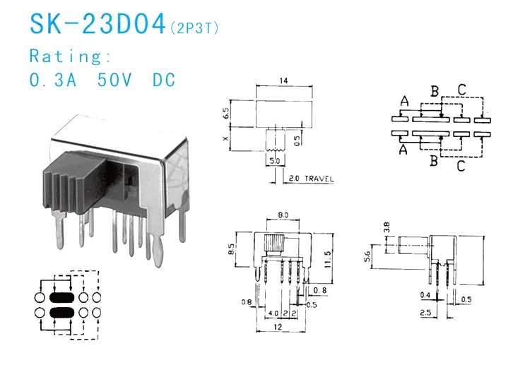 SK-23D04 (2P3T) Handle height 4/5/6/9MM 3 gear toggle switch 4 fixed feet eight horizontal