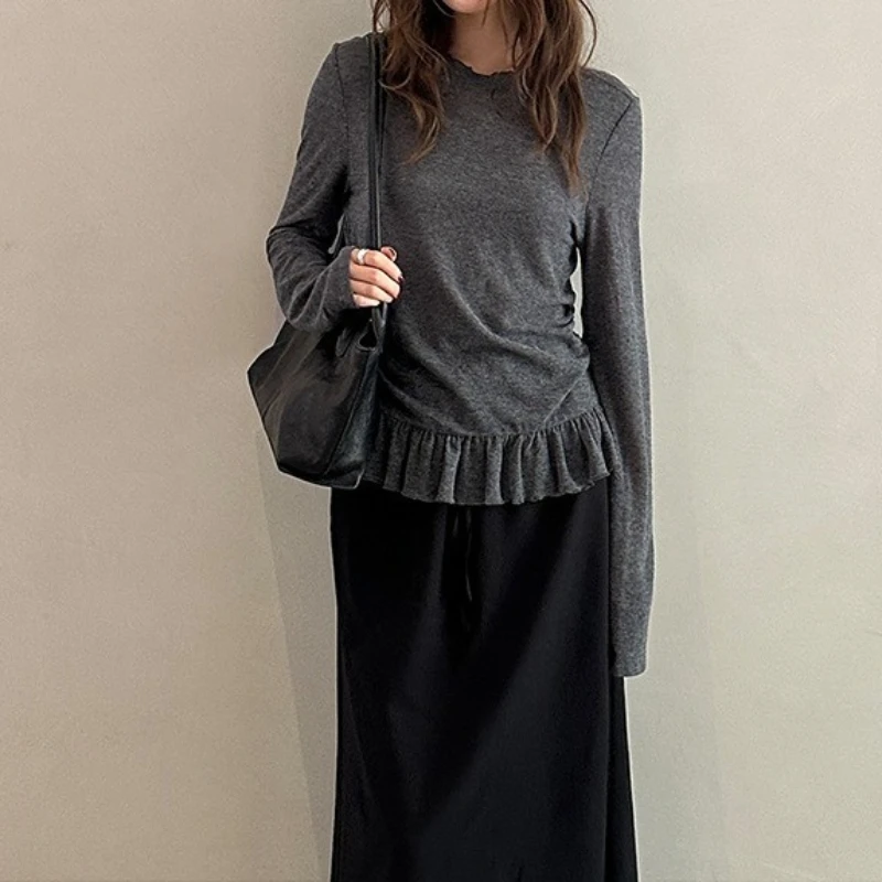 

Long-sleeved T-shirt with Ruffled Yarn in Early Autumn 2025 Korean Knitted Women's Bottoming Shirt