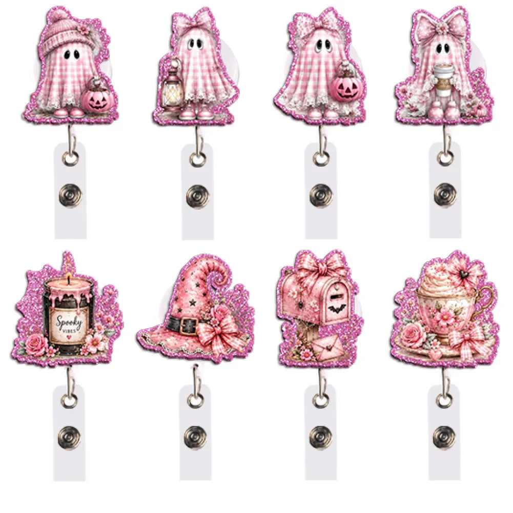Kawaii Pink Halloween Badge Reel Retractable ID Holder Pumpkin Ghost Witch Hat Teddy Gift for Teacher Office Work Party Crew