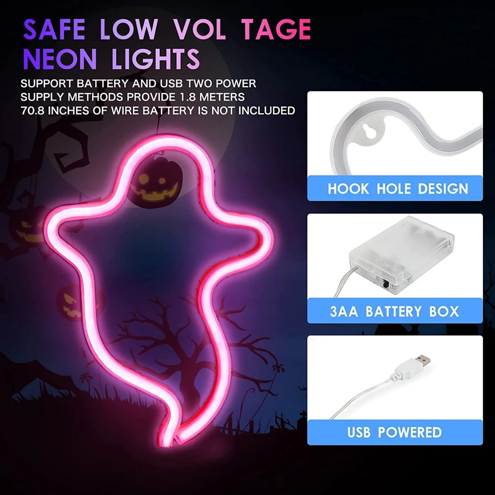 Halloween Neon Light Decoration Ghost Shaped Luminous Ornament USB Battery Dual-purpose DIY Party Holiday Decor for Home Room