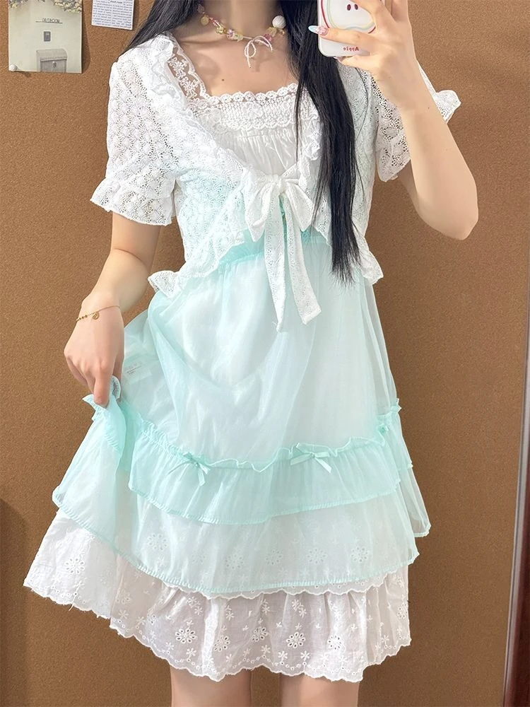 

Sweet Japanese Lolita Two Piece Dress Set Lace Patchwork Ruffle Layered Dresses New Kawaii Cute Short Sleeve Summer Outfits 2025