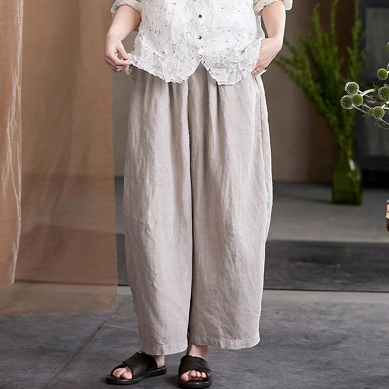 

100% Linen Women Casual Harem Pants New Arrival 2025 Spring Vintage Style Plain Color Loose Female Ankle-length Pants M847