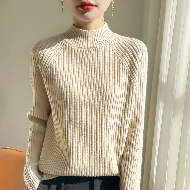 

Spring Autumn Knit Half High Neck Sweater Women Solid Long Sleeve Tops Fashion Female Quality Loose Basics Pullover Pull Jumper