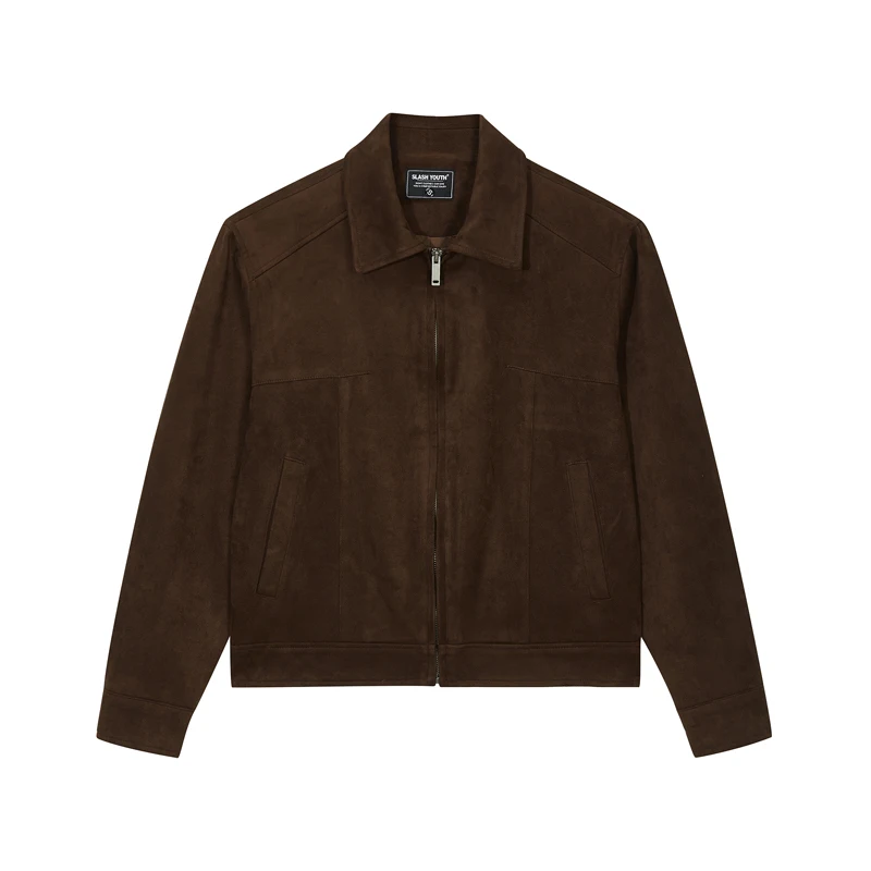 Men Business Suede Leather Jacket Classic Collared Zipper Front Casual Bomber Coat Long Sleeve Outerwear Harrington Jackets