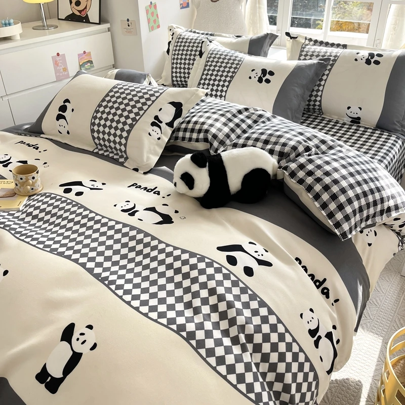 Cartoon Panda Duvet Cover 4pcs Bedding Set Checkerboard Quilt Cover Polyester Comforter Cover 1 Flat Sheet and 2 Pillowcases