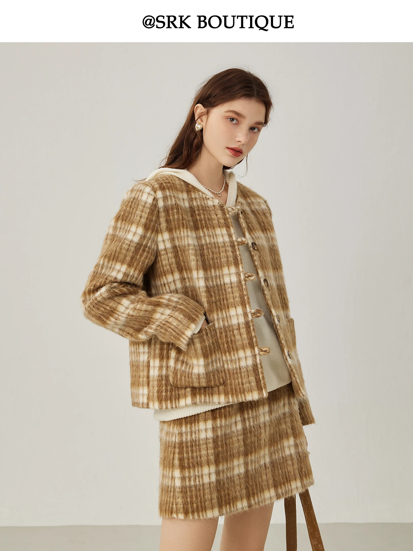 

SRK Vintage Woolen Plaid Coat And High Waist Skirt Set for Women Warm Flattering Fashionable Workwear Winter Outfit