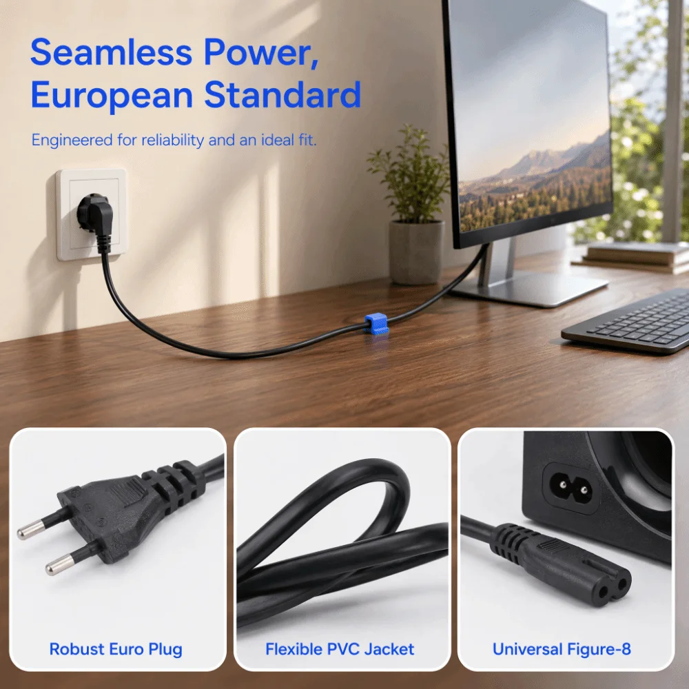 PVC Material Printer Power Cord Flexible Insulating Black European Power Cord Soft Heatproof Figure 8 Power Cord