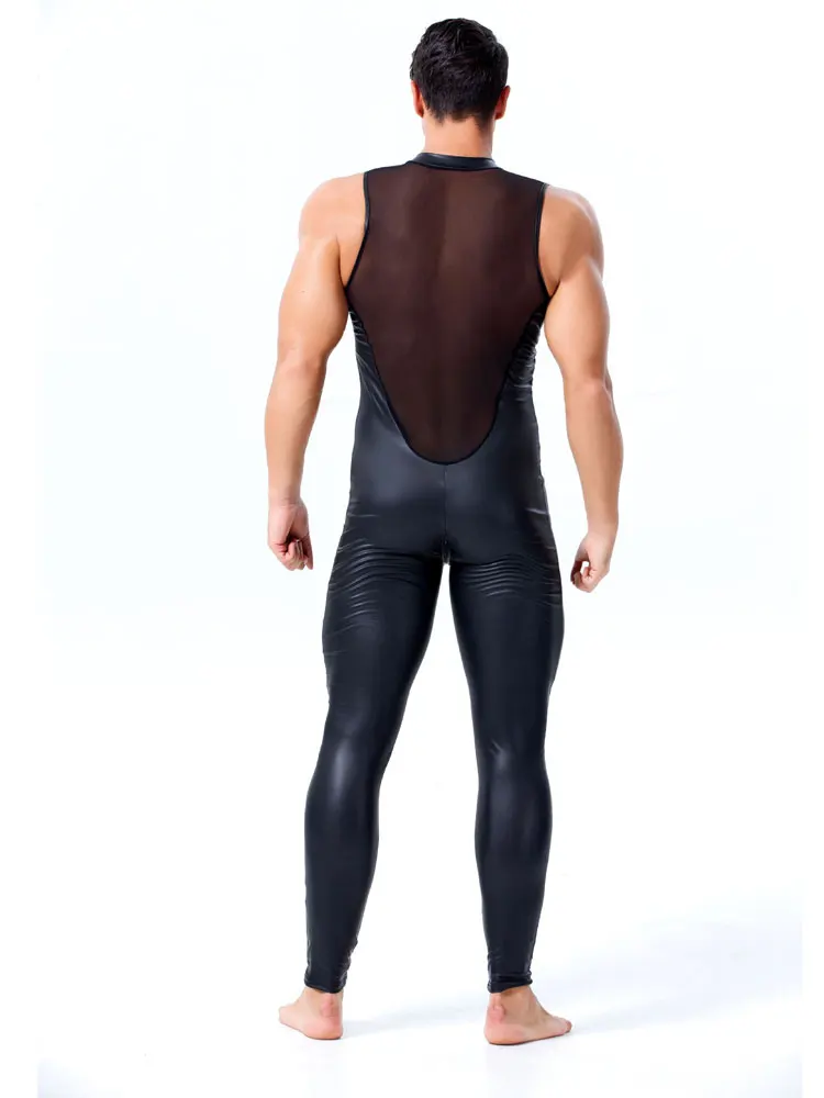 Disfraces de malla de retazos para hombre, Catsuit Sexy sin mangas, Zentai, trajes de Club nocturno, mono de escenario, ropa moldeadora