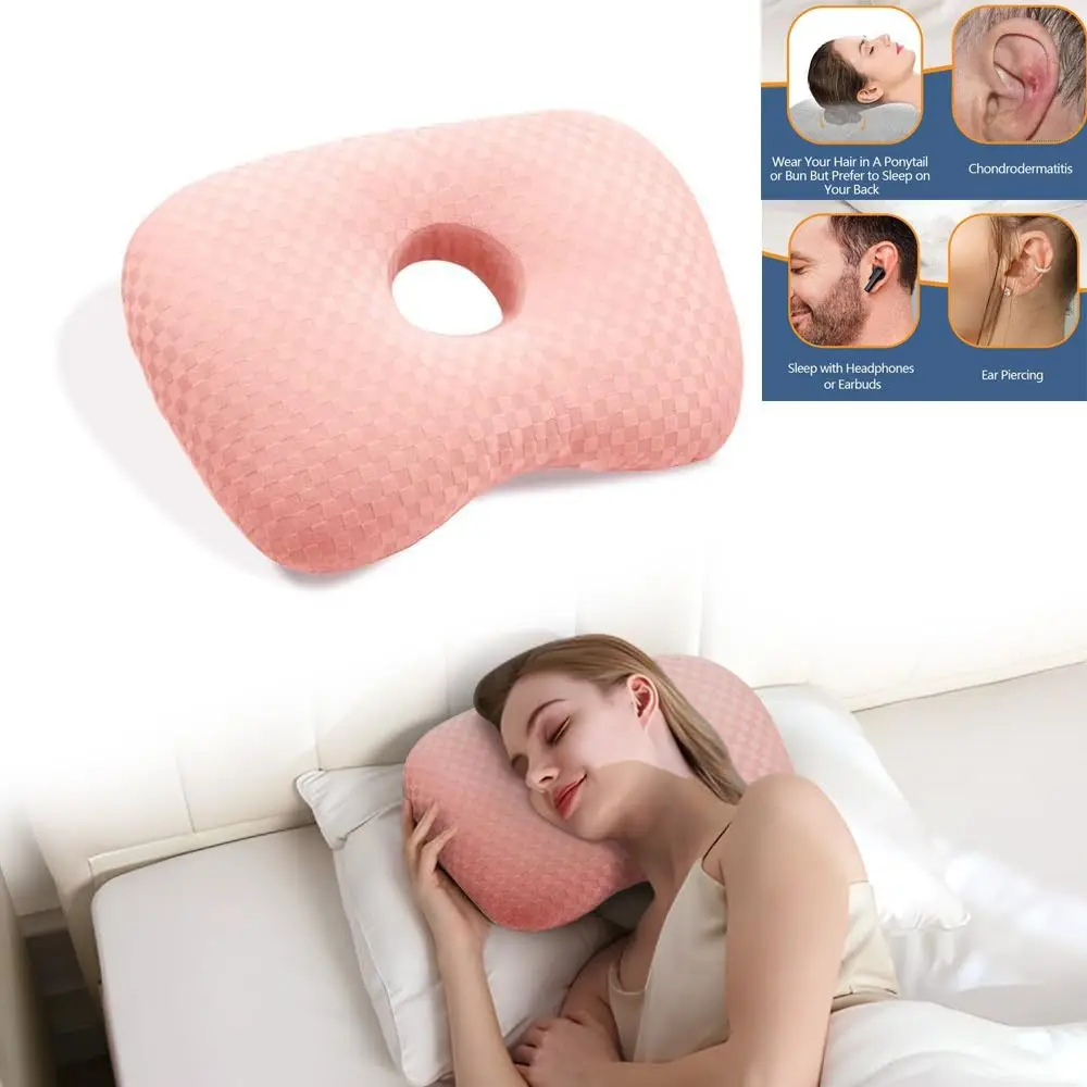 Cotton Filling Ear Piercing Pillow Ergonomic Portable Curved Side Sleeping Pillow Comfortable Breathable Pillow with Ear Hole