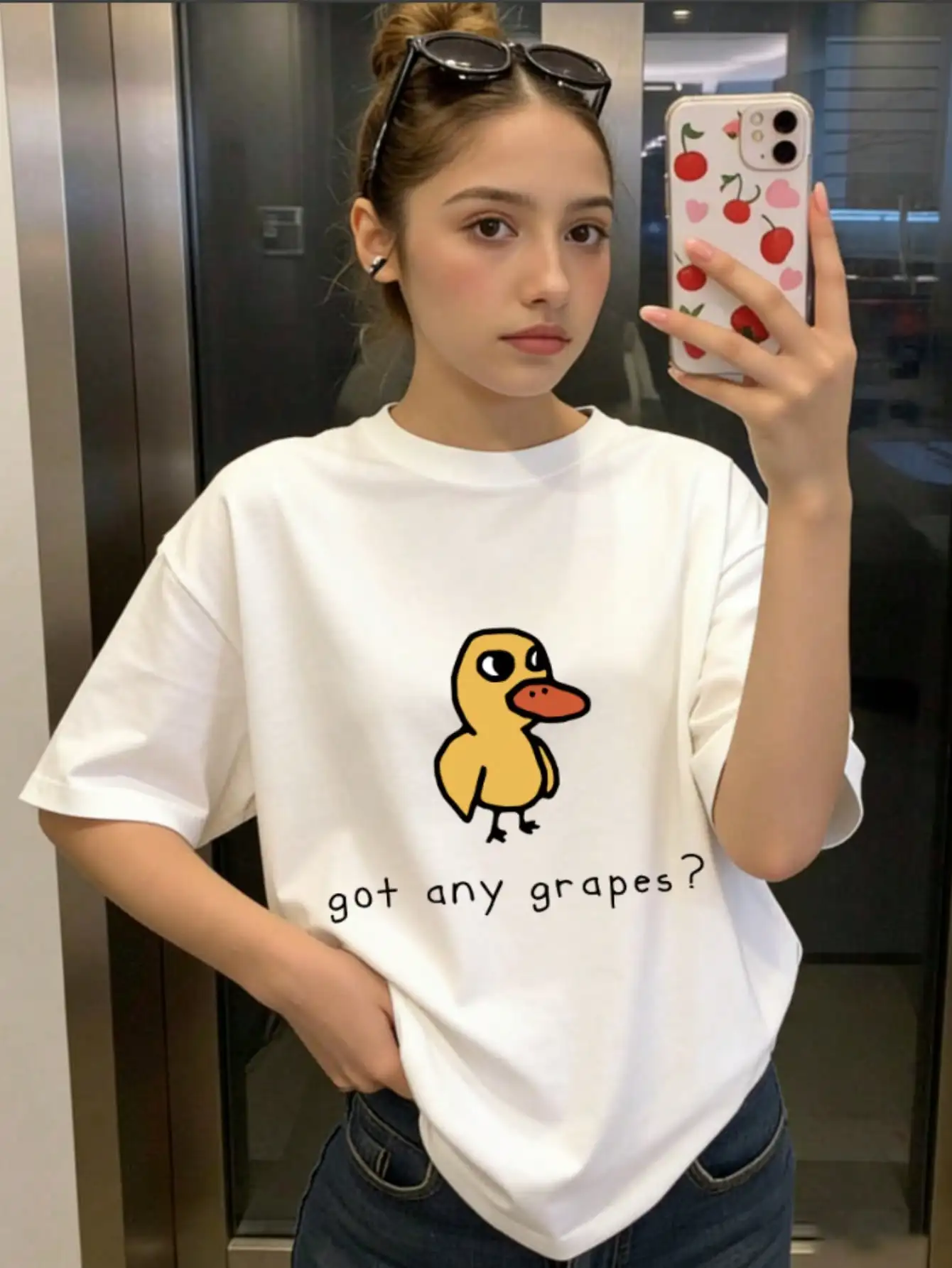 Cartoon Duck & Slogan Print Short Sleeve T-Shirt, Girls Summer Round Neck Blouse/Top