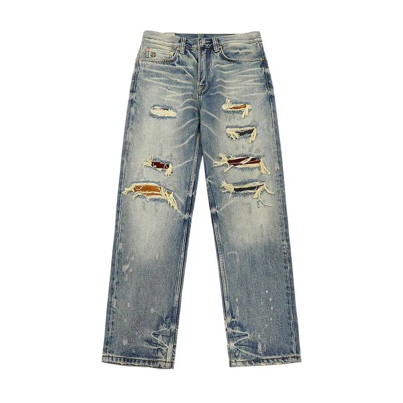 بنطال جينز ريترو وسيم للرجال مع تصميم رقعة ممزقة وكشط ثقيل الوزن مغسول وفضفاض بأرجل مستقيمة