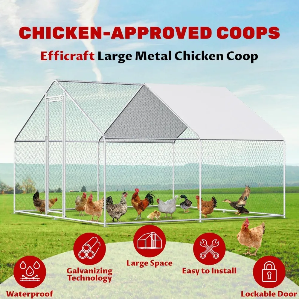 Chicken Coop Large Metal Chicken Run Pen for 10 Chickens Poultry Cage with Waterproof Cover for Walk-in Chicken Run for Yard Out