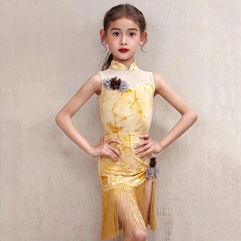 زي الرقص اللاتيني للفتيات 2025 جديد للربيع والصيف بدون أكمام، مجموعة تنورة مهدب، بدلة ممارسة الأداء