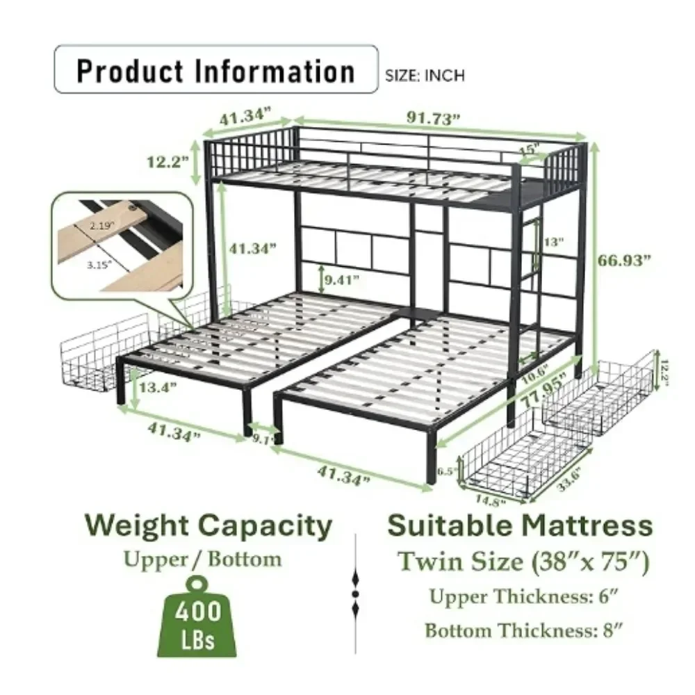 Queen Over Queen Bunk Bed with Storage Drawers & Wood Slat Support & Ladder & Safety Rails for Kids/Adults,Space Saving Design