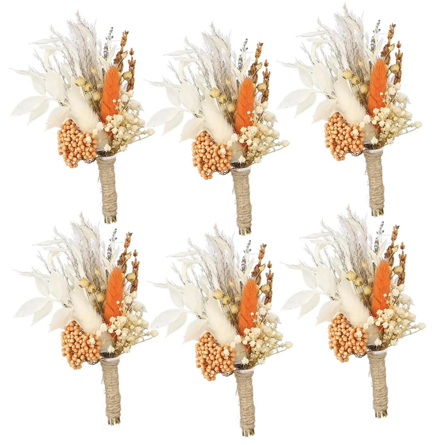 6Pcs Natural Mini Wedding Bouquets Pampas Grass Fall Home Decor Dried Flower,Card Decoration,Boutonniere for Men Boho Wedding