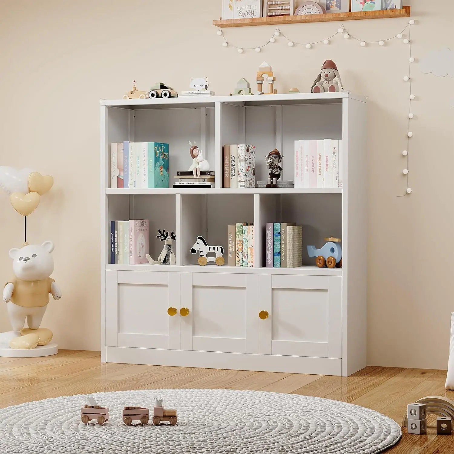 Kids Bookshelf and Toy Storage Organizer with 3 Cabinets and 5 Open Cubbies, Cold-Rolled Steel Construction with Corner Guards for Safety, Multifunctional Floor Shelf for Playroom and Kids Room