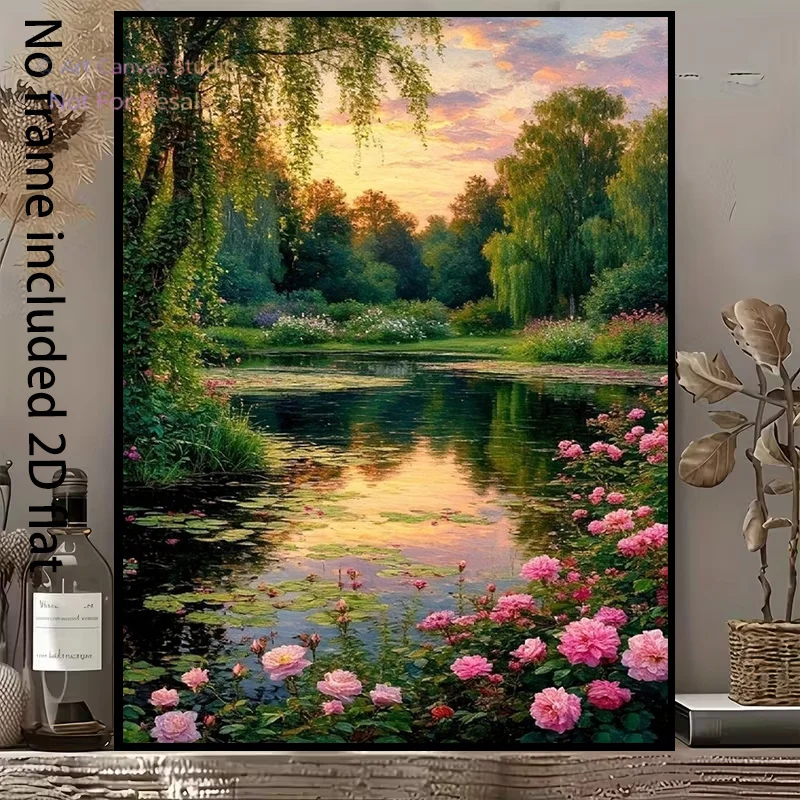 2D Flat, 2D Flat, A 2D Flat Canvas Painting Depicting a Summer Evening Lakeside Garden, with Pink Roses And Green Trees Refle