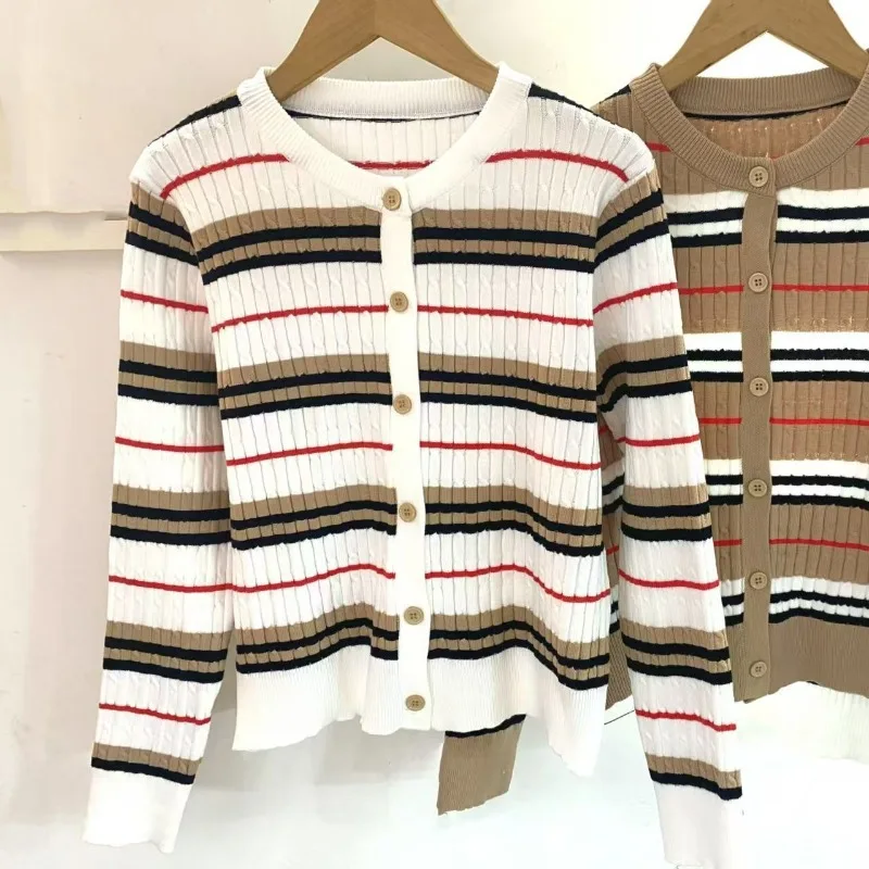 

Retro Striped Slimming Cardigan Women 2025 New Autumn Color Blocking Temperament Female Sweater Casual Long Sleeved Knitted Tops