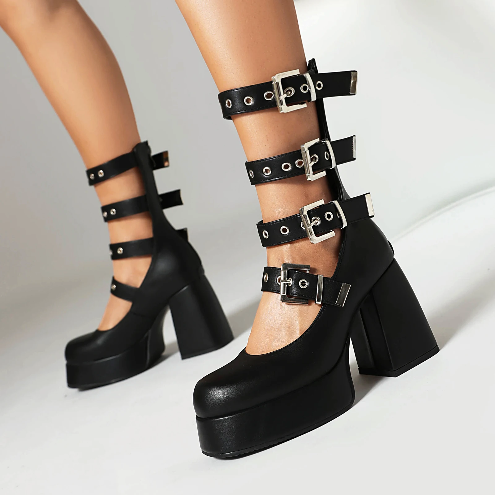 Punk Black Women's Gladiator Pumps Platform Block High Heels Shoes Back Zipper Design Buckles Decor Autumn Footwear