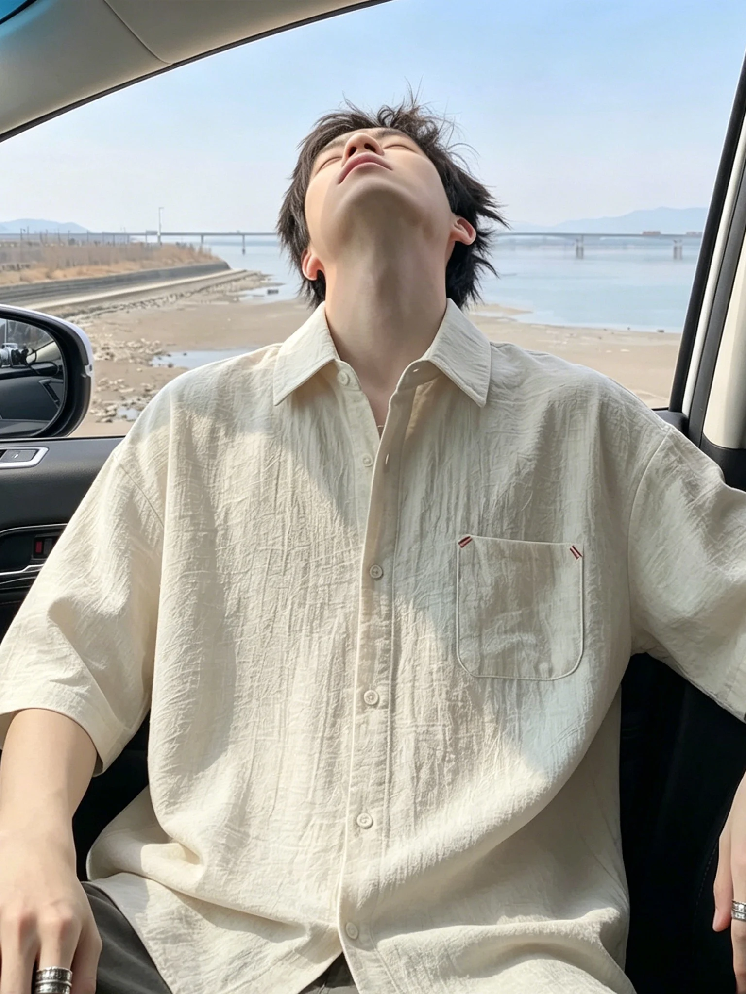 

Men's Pure Color Short Sleeve Linen Shirt Thin Breathable Summer Casual Style Polyester Fiber Pocket Design Regular Fit Shirt