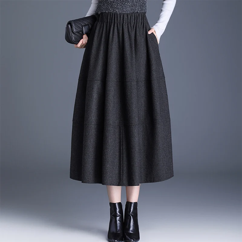 

Утепленная шерстяная юбка-блумер для женщин, А-силуэт, утягивающая, средней длины, пышная юбка-солнце, зимняя новинка, эластичный пояс