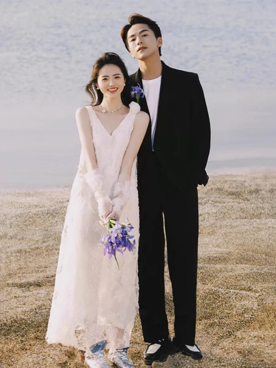 

White V-Ne Lace Evening Dr Wedding Dr Par Dr Ball Gown Lightweight Floa Bridal Robe for Engagement And Honeymoon