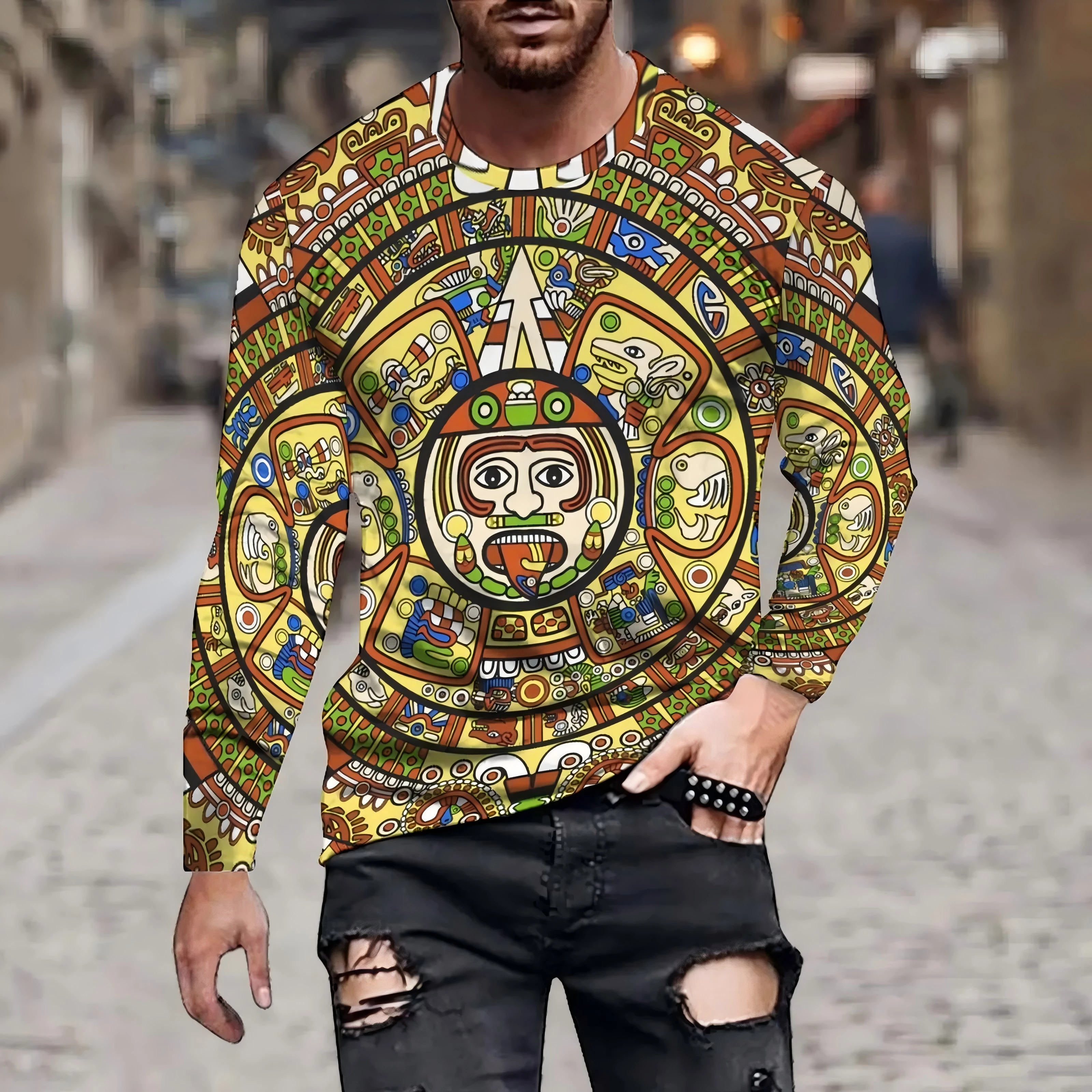 

Men's Fashion Harajuku Vintage Style Classic Pattern Printed Long Sleeve T-Shirt Personality 3d Printed Round Neck Loose Top