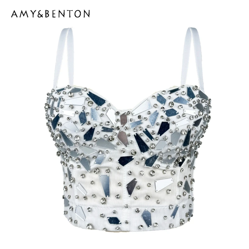 

Autumn New European American Punk Heavy Industry Design Sequin Women's Sling Gothic Dark Sweet Cool Sexy Fishbone Vest Ladies