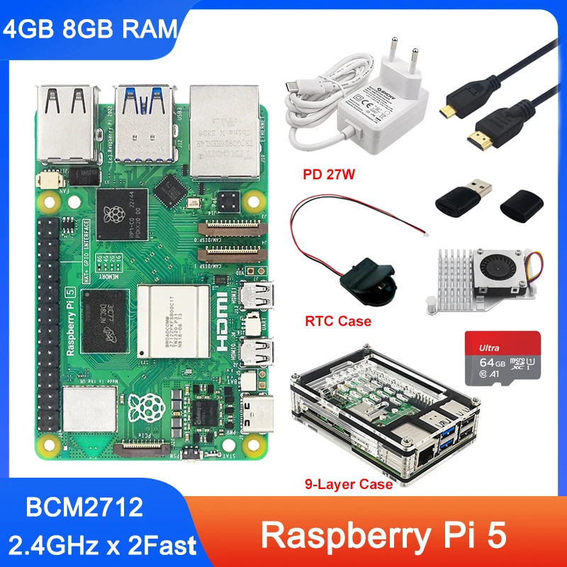 Raspberry Pi 5 4G 8G RAM BCM2712 2.4GHz VideoCore VII GPU 4Kp60 PCIe 2.0 RTC Power Button RPI 5 Smart Board Kit