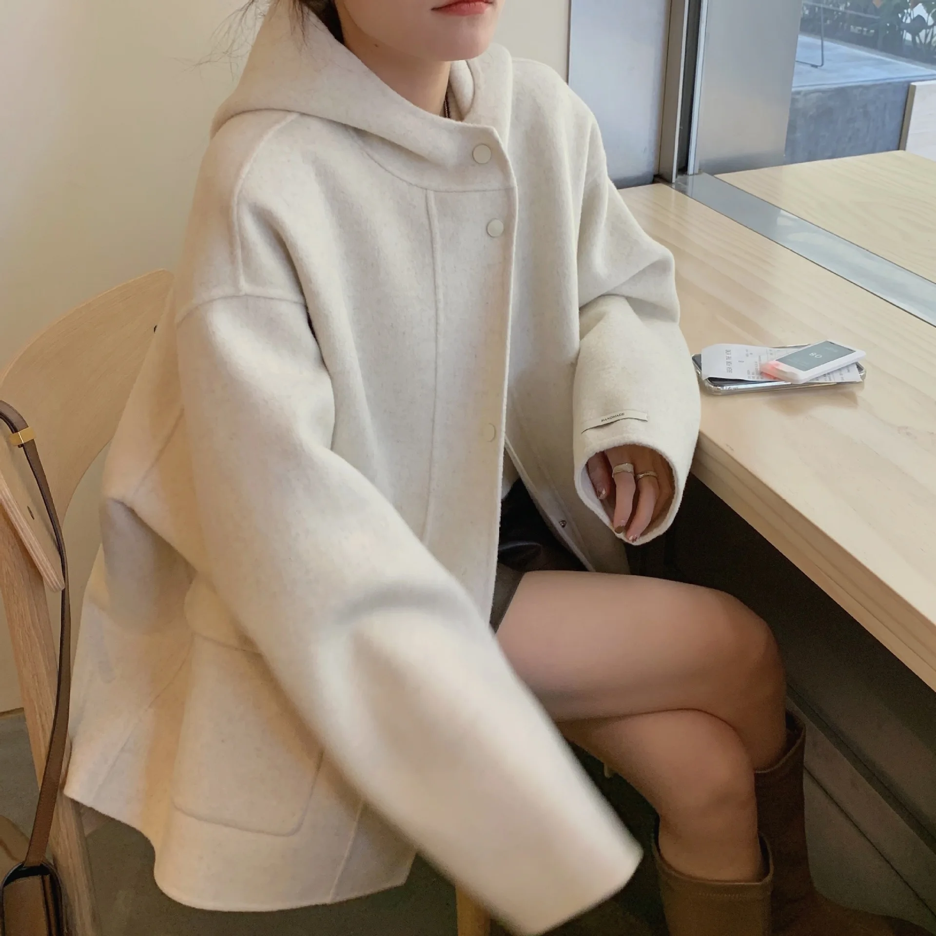 

Double Side Woolen Coat Women Hooded Winter Loose Thicken Pockets Soild Color Female Wool Jacket