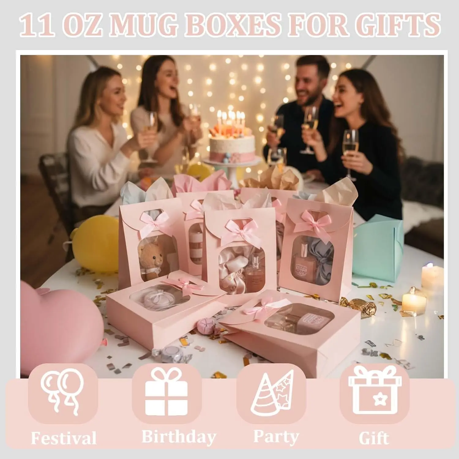 10 Stück rosa Mini-Kraftpapiertüten mit klarem Fenster, Geschenktüten mit Griffen für Süßigkeiten, Kekse, Hochzeit, Weihnachtsfeier – Detail 4