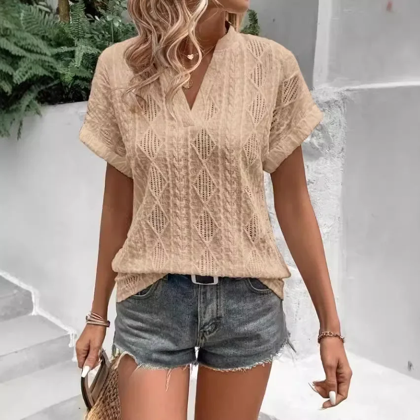 2025 유럽 및 미국 여름 신상 캐주얼 여성 의류 자카드 브이넥 루즈 반팔 셔츠 여성용