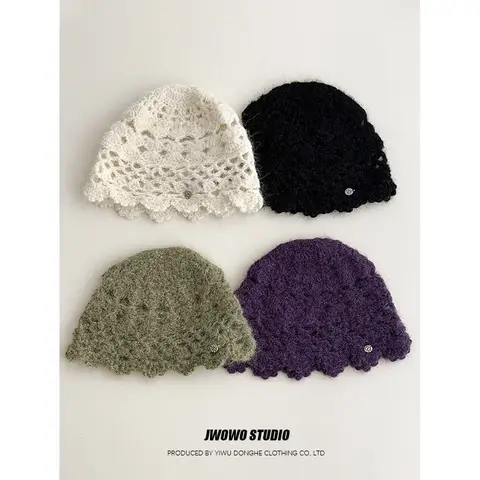 Handmade Knitted Mesh Hat for Women Autumn Winter Korean Warm Versatile Pullover Hat Fashion Lace Trim Windproof Wool Yarn Hat