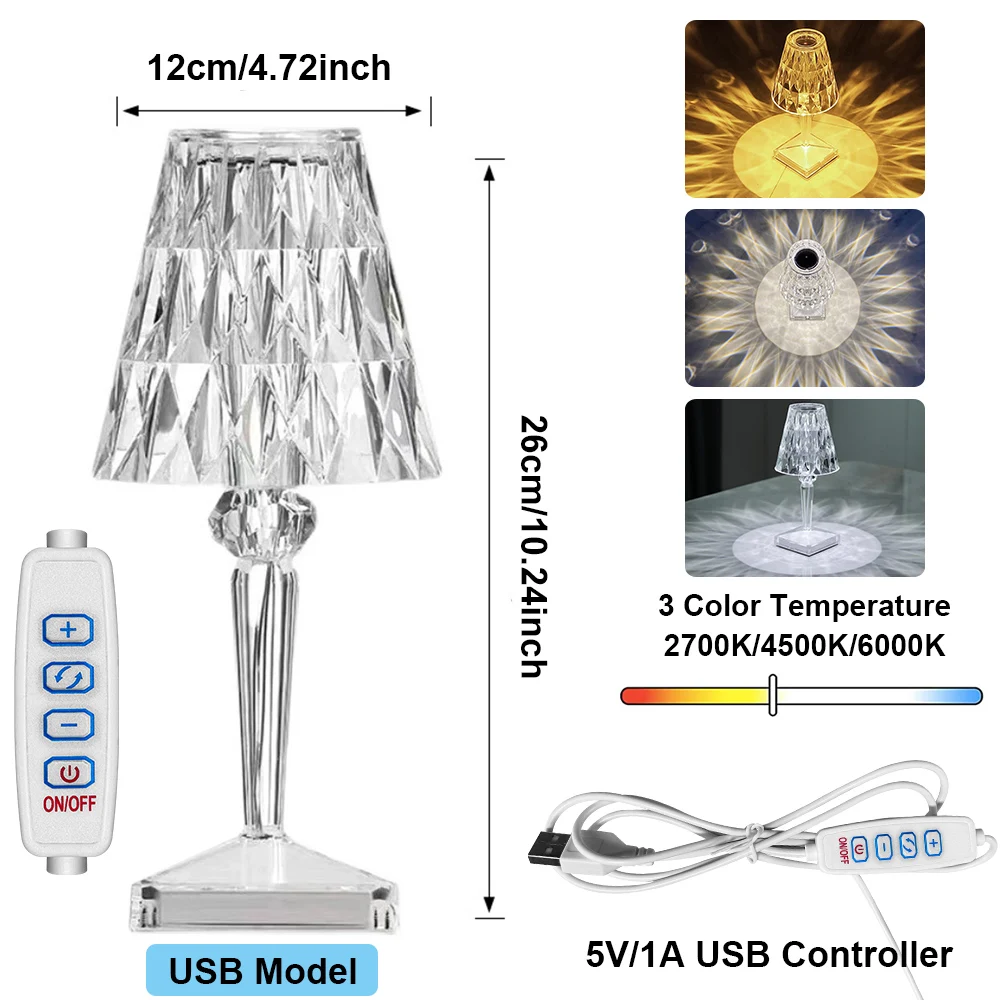 USB Power/Rechargeable LED Diamond Night Lights Bedroom Bar Decor Touch Table Desk Lamps Wine Cup Crystal Bedside Night Lamp