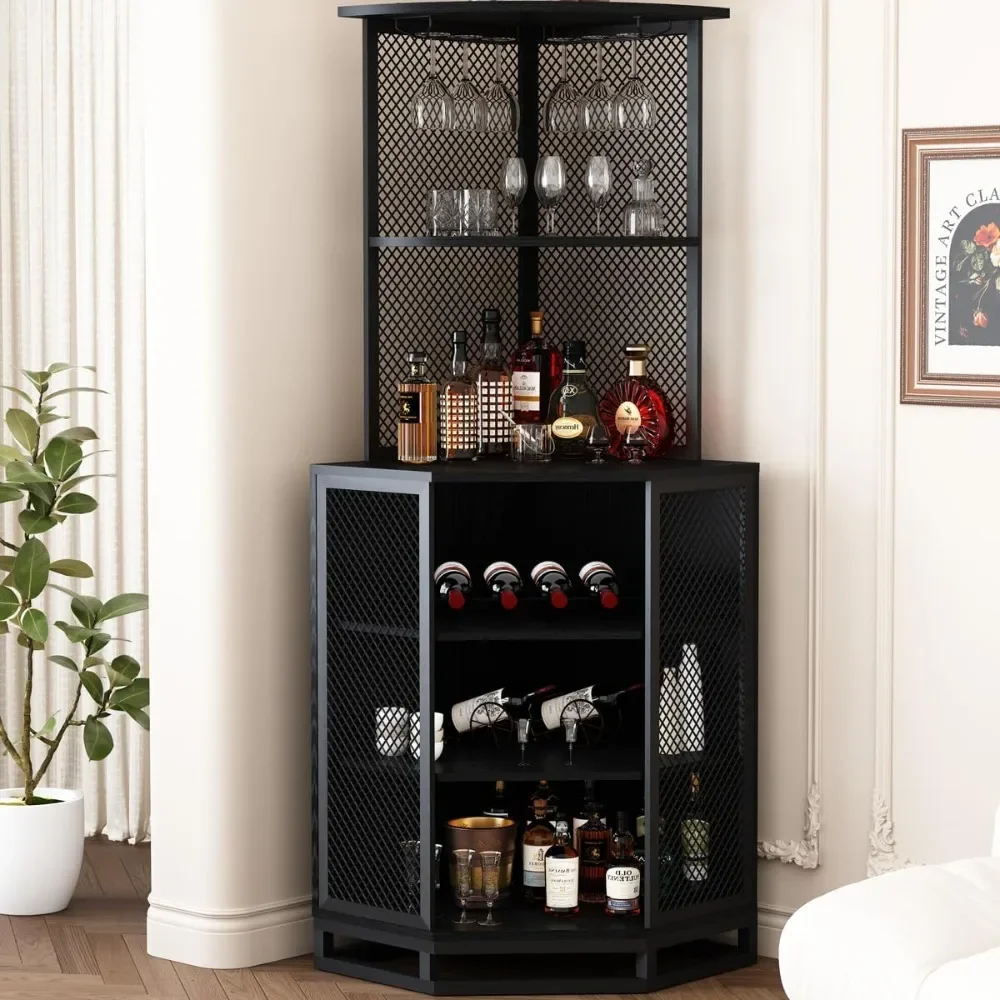 

Corner Bar Cabinet, 5 Tier Corner Bar Cabinet for Liquor with Glass Holder, Industrial Tall Liquor Cabinet with with Adjustb