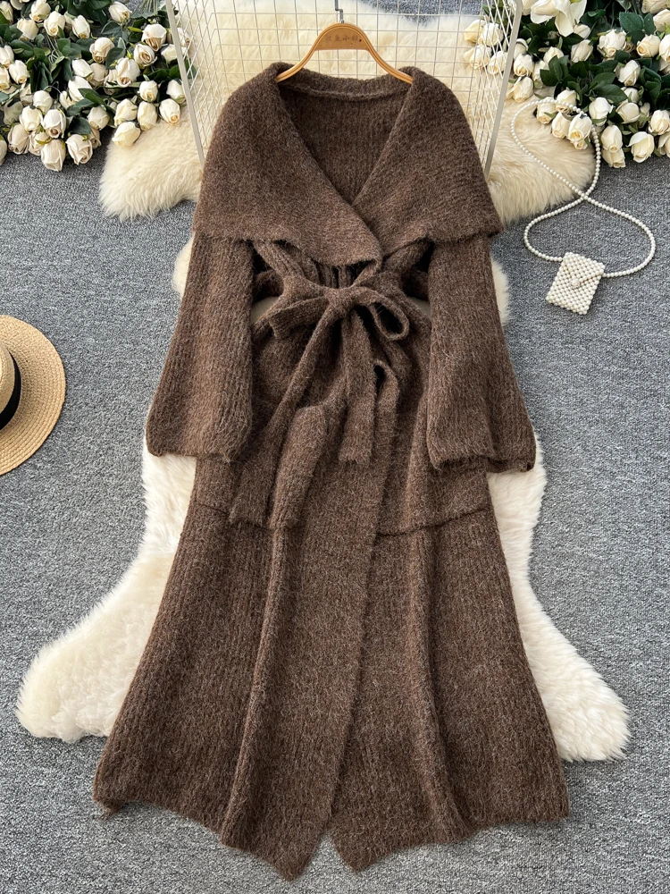 SuperAen Loose Casual Cardigan Coats for Women 2025 Winter New Lace-up Waist Large Turn-down Collar Knitted Dresses