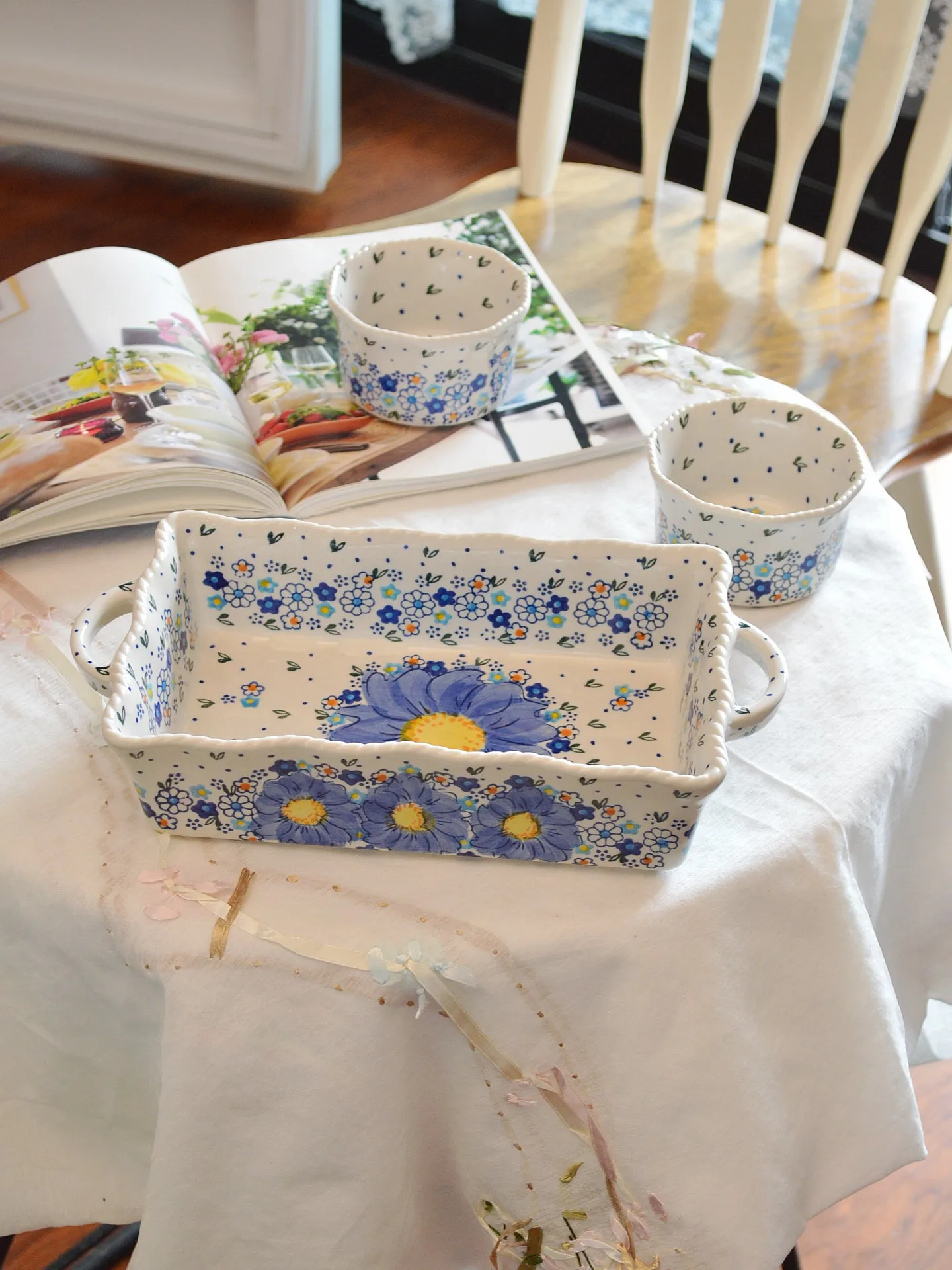 

Прямоугольная форма для выпечки Elan с двумя ручками, расписанная вручную, для карамельного пудинга, в корейском стиле