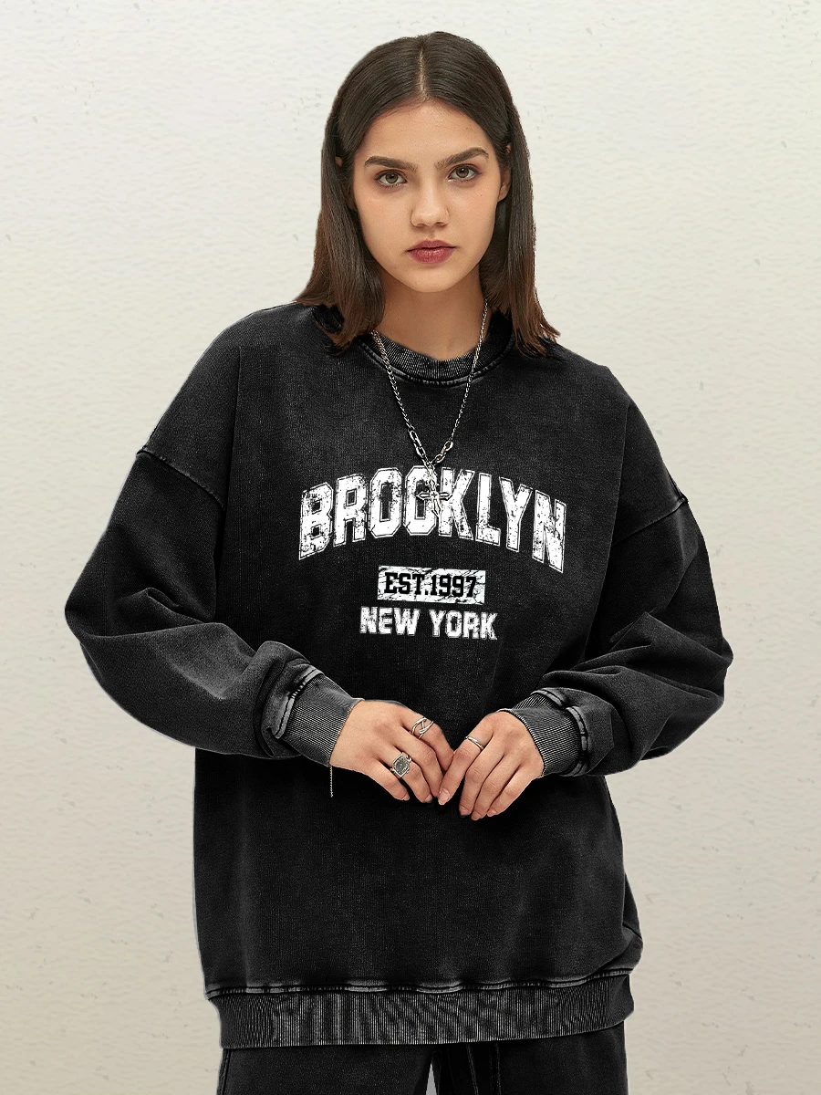 Brooklyn Est 1997 New York Prints Woman Washed Cotton Sweatshirts Harajuku Loose Clothes Fashion Fleece Streetwear Autumn Tops