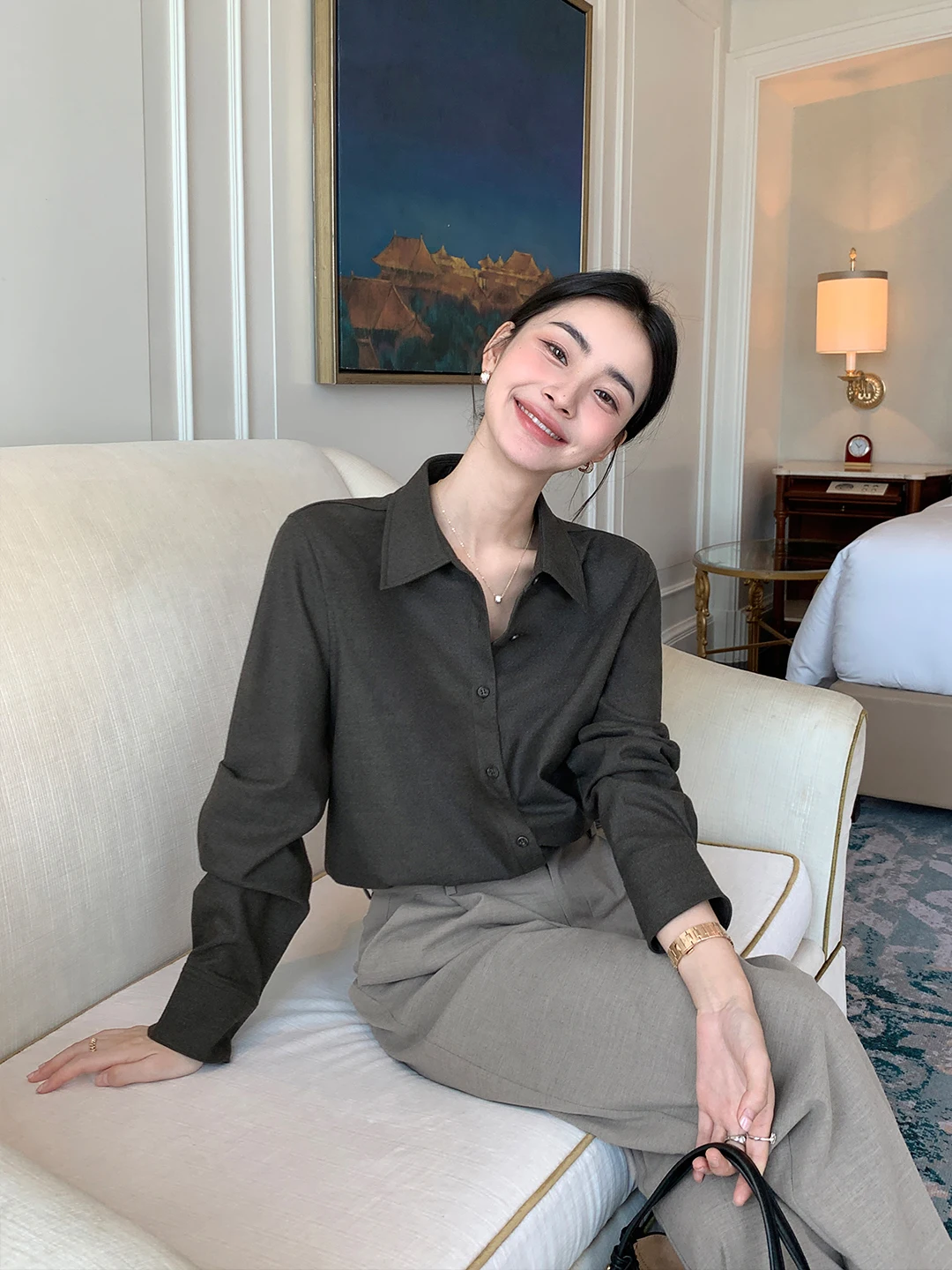 

Ele Classic Long Sve Loose Women's irt Maven Lin Commute Sle Polyester Blend Fiber Fabric Stand Collar Layering Top