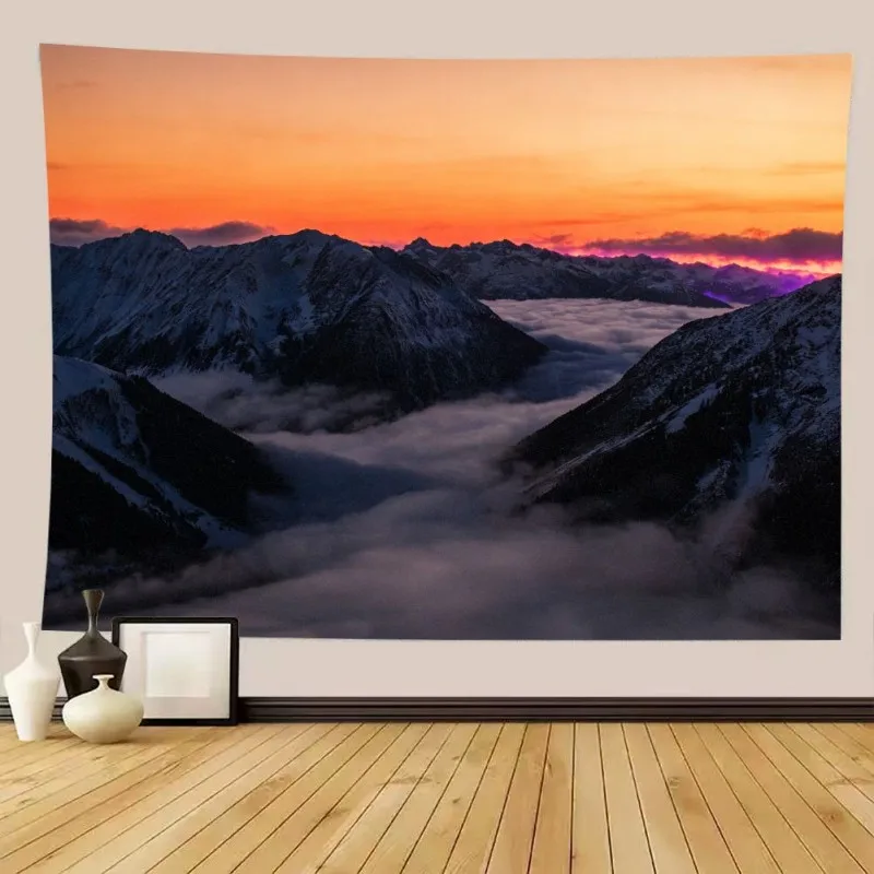 VIKAMA Sunset Snow Mountain Landscape Tapestry Sea of Clouds Nature Scenery Wall Hanging Aesthetic Decor Bedroom Living Room