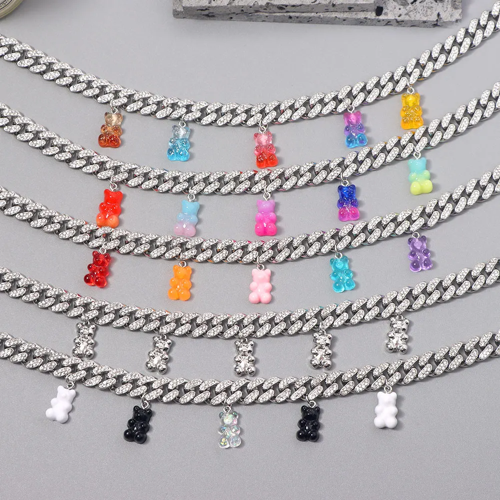Ins Fashion Cute Colorful Crystal Acrylic Bear Pendant Cuban Necklace for Women Iced Out Cuban Link Chain Necklace Girl Jewelry