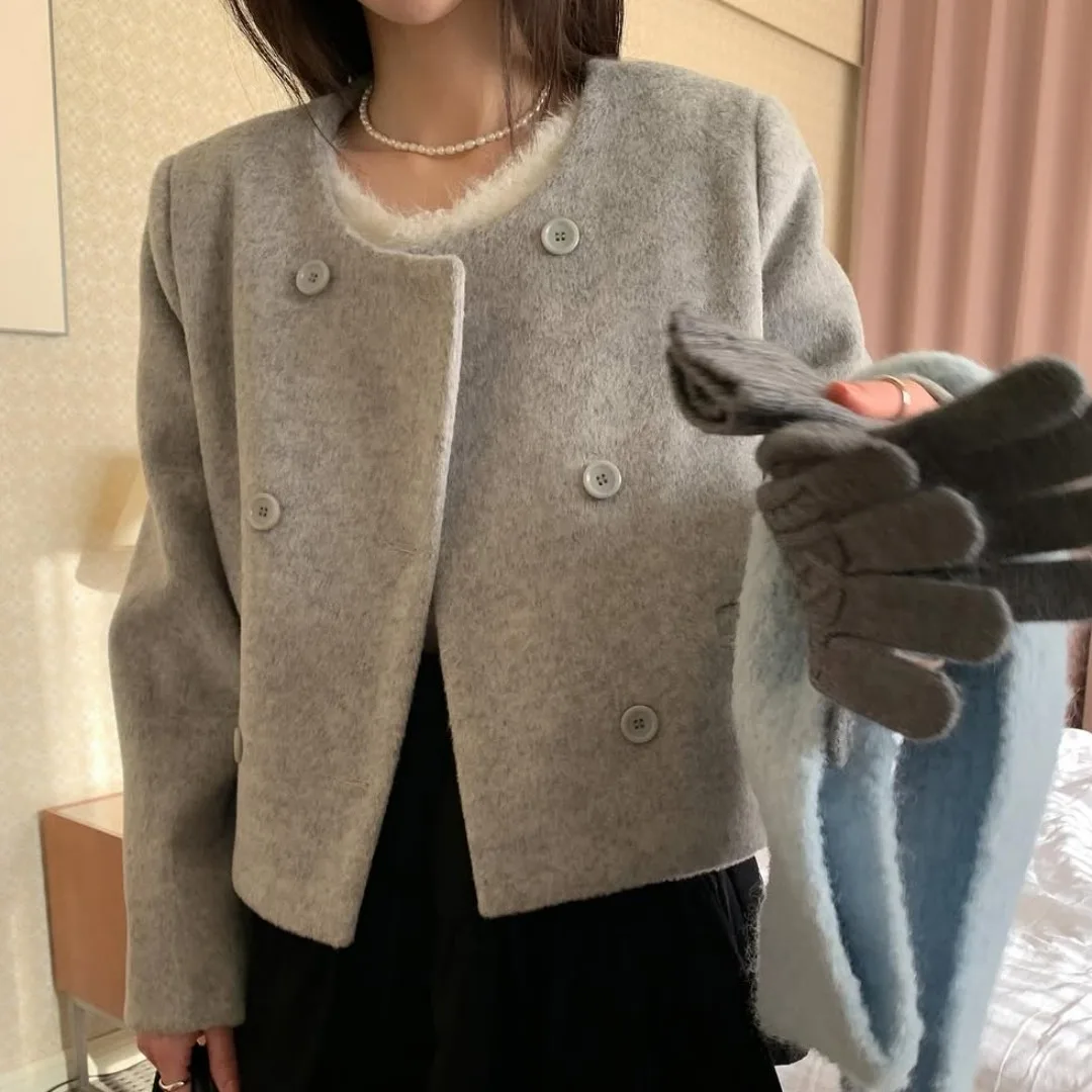 

Шикарное осенне-зимнее шерстяное пальто с круглыми двойными пуговицами в стиле ретро, корейское модное пальто для молодежи женщин