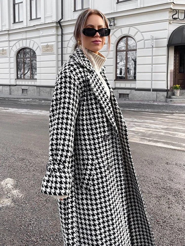 2024 Autumn Winter Women Loose Plaid Woolen Coat Houndstooth Lapel Long Sleeve Classic Warm Overcoat