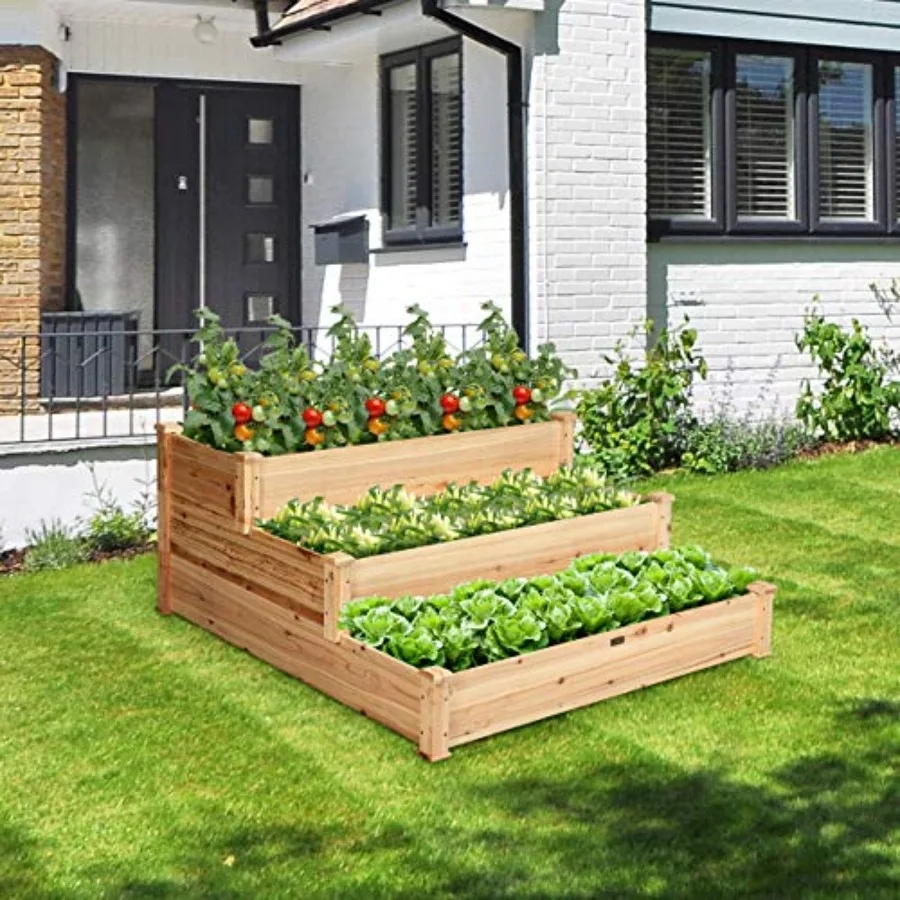 Outdoor 3-tier raised garden bed for vegetable and flower growing, cedar wood planter box, natural color, sturdy elevated desig