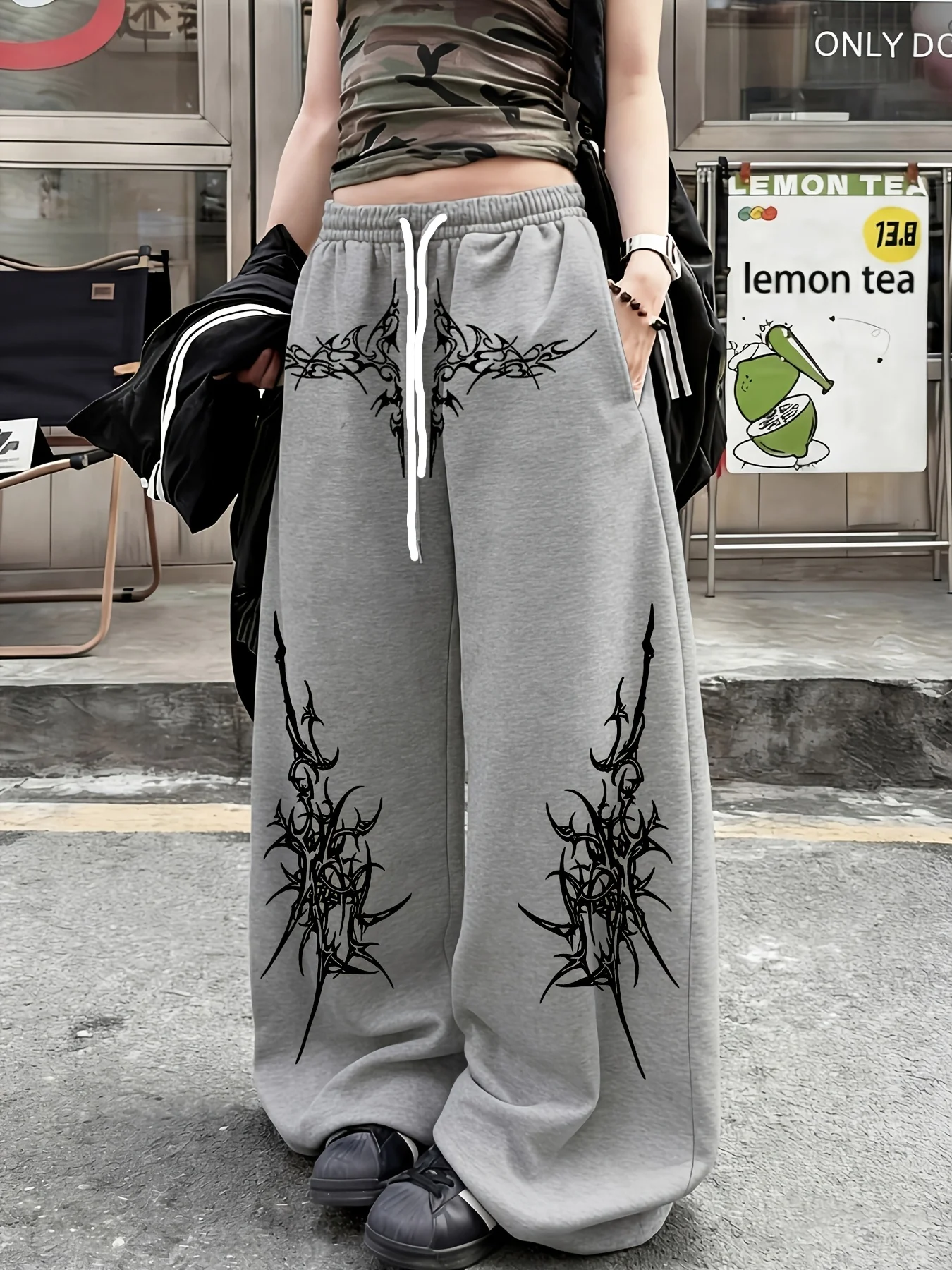 2026 Summer Gothic Thorn Print Women's Grey Wide Leg Sweatpants - Fashion Casual Drawstring Elastic Waist Trousers Streetwear