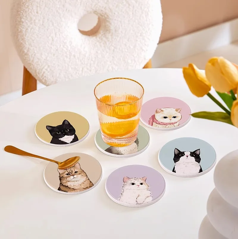 Cartoon Cute Cat Diatom Mud Coaster Non-slip Heat Resistant Table Placemats Waterproof Drink Cup Pad Kitchen Accessories