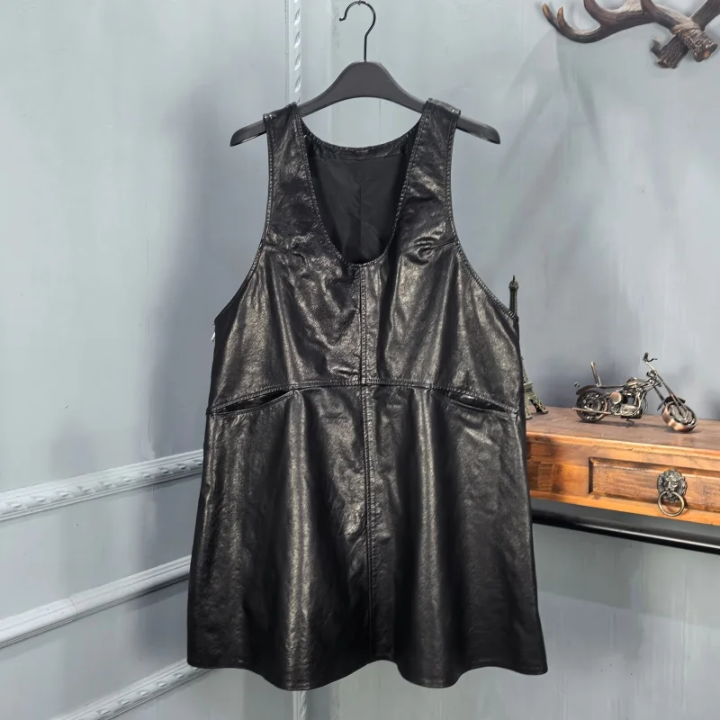 

Autumn Winter New Sle Women's Mid-Length round Ne Dr Leather Oil Wax Cowhide Vintage A-Line Skirt Zipper Closure