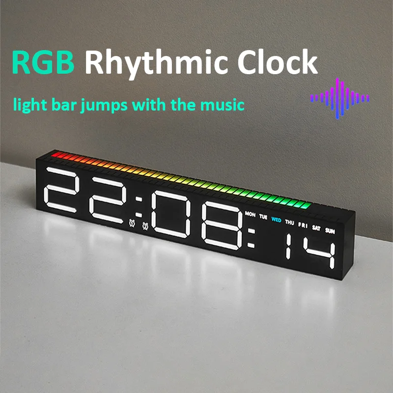 LED Clock Dual Alarm Colorful Table Clock RGB Lamp LED Strip Lights Pickup Light Sound Control Music Rhythm For Desktop Light